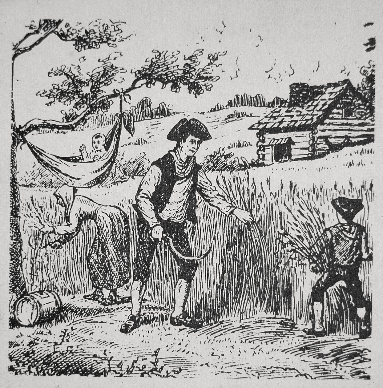 En familie høster majs (litho) af School American