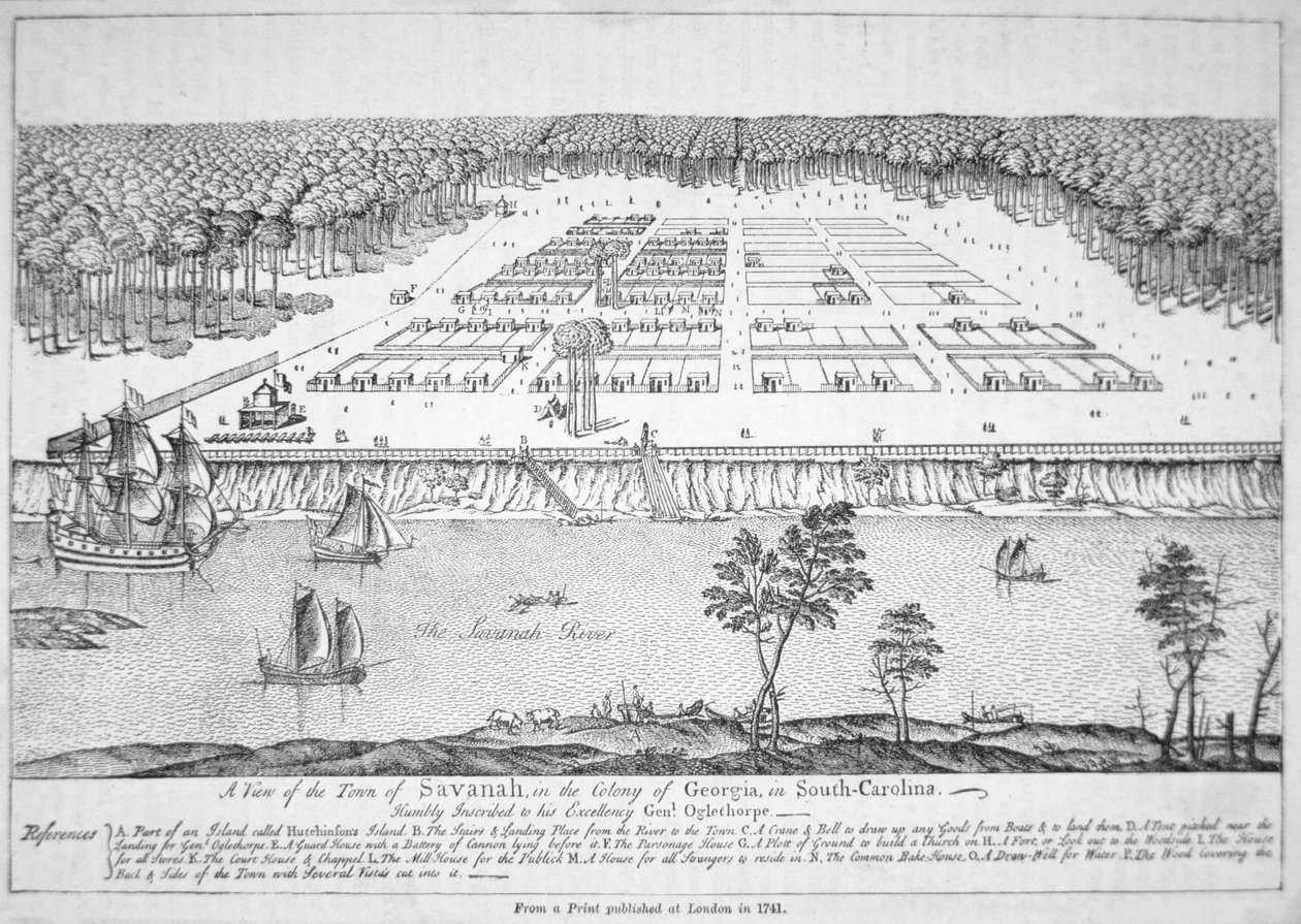 Udsigt over Savannah, Georgia i 1741 (litho) af School American