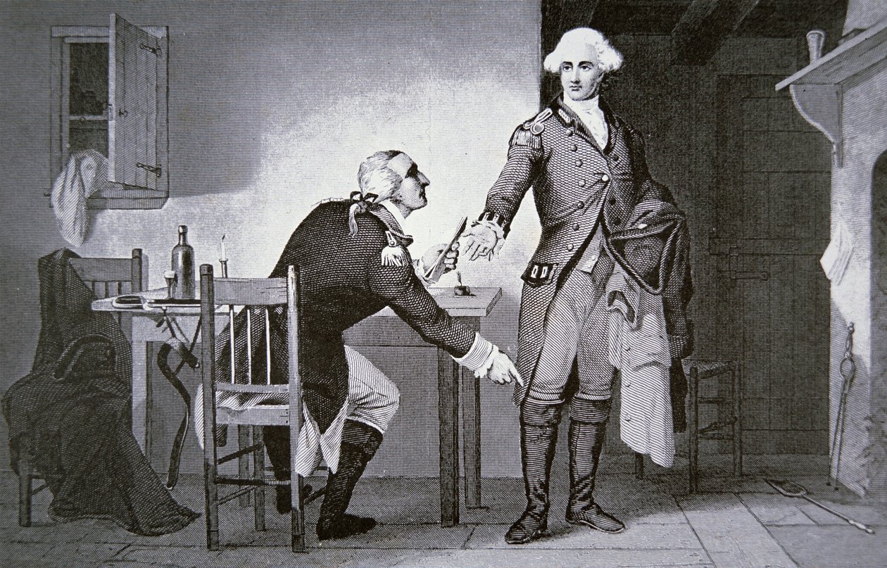 Amerikansk forræder: General Benedict Arnold instruerer Andre til at skjule papirer i sin støvleoverdel (litho) af School American