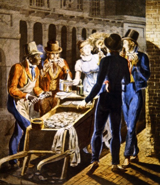 En østersmand, der sælger sine varer uden for Chestnut Street Theatre i Philadelphia, ca. 1796 (akvarel på papir) af School American