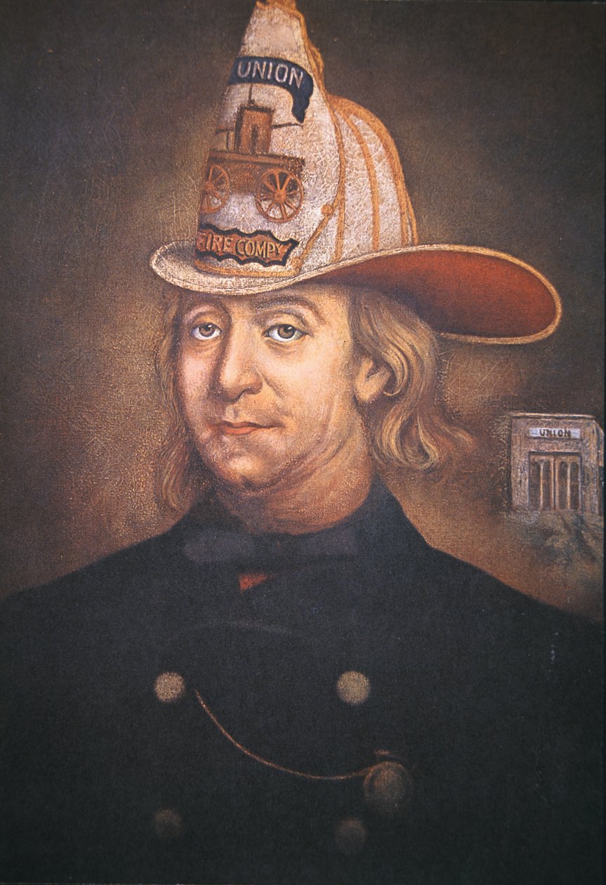 Benjamin Franklin iført uniformen fra Union Fire Company, som han grundlagde i Philadelphia i 1736 (farve litho) af School American