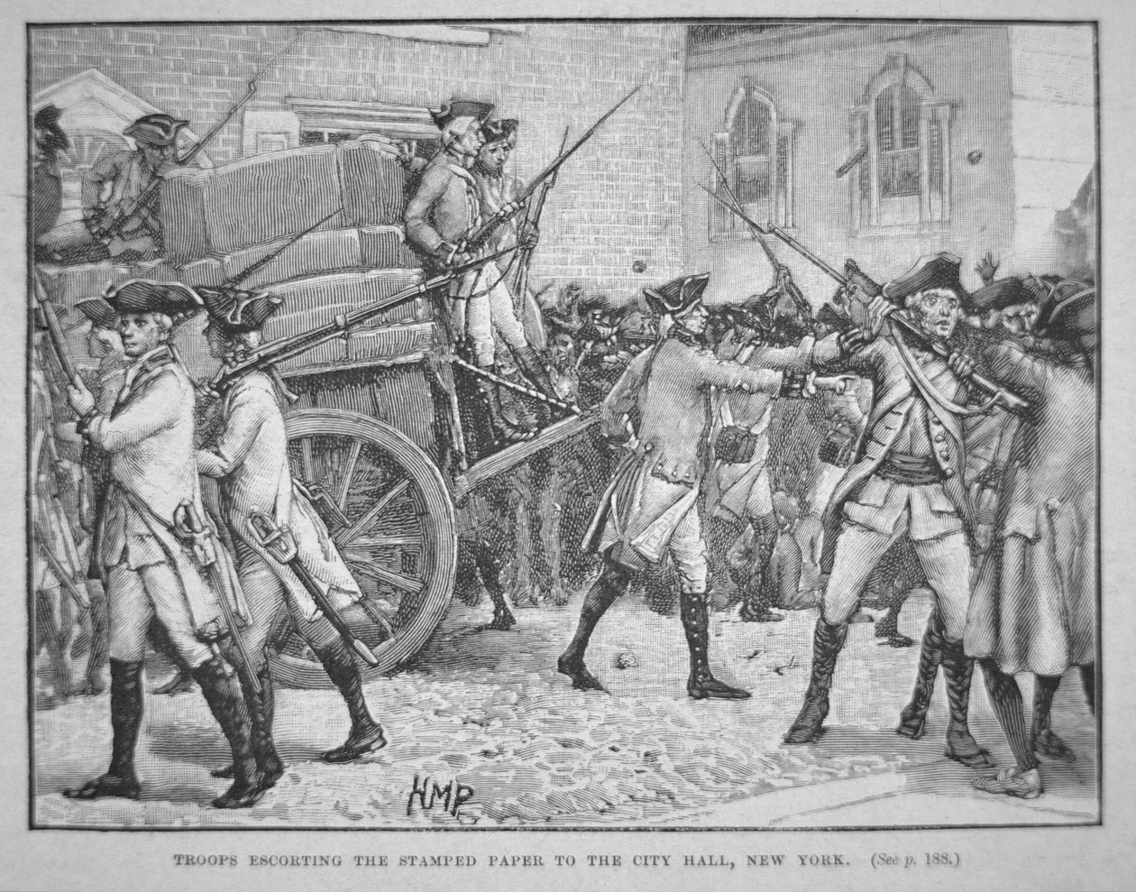 Britiske tropper eskorterer det stemplede papir til rådhuset, New York (litho) af School American