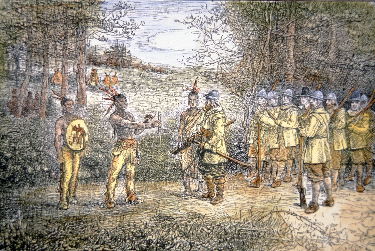 Kaptajn Miles Standish handler med Wampanoag-indianere i 1621 (farve litho) af School American