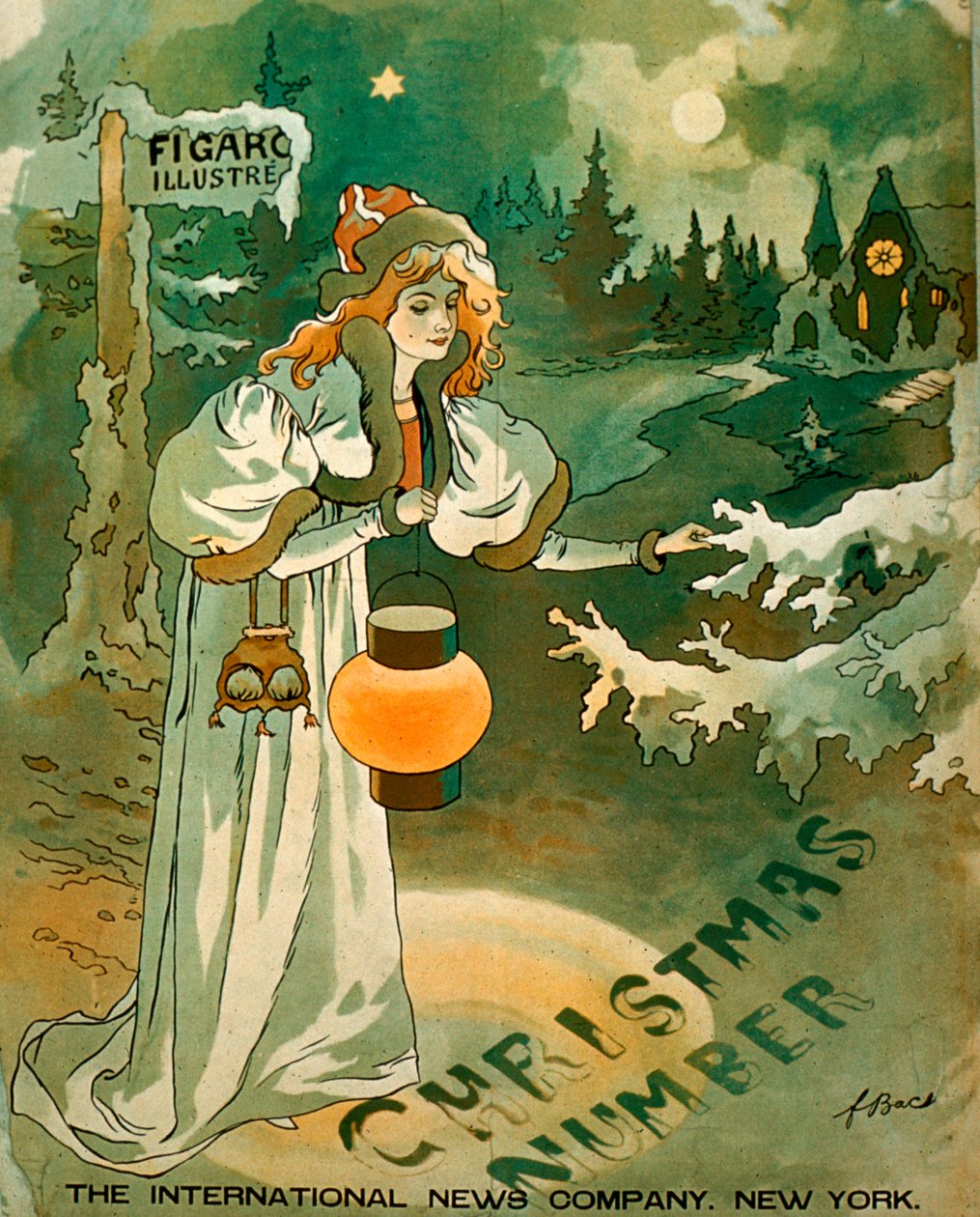 Juleplakat med en kvinde, der holder en lanterne foran et snedækket sommerhus (litografi) af School American