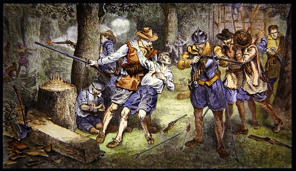 Forsvar af spædbørnsbosættelsen mod indiske angreb i kolonien Jamestown, Virginia i 1607 (farve litho) af School American
