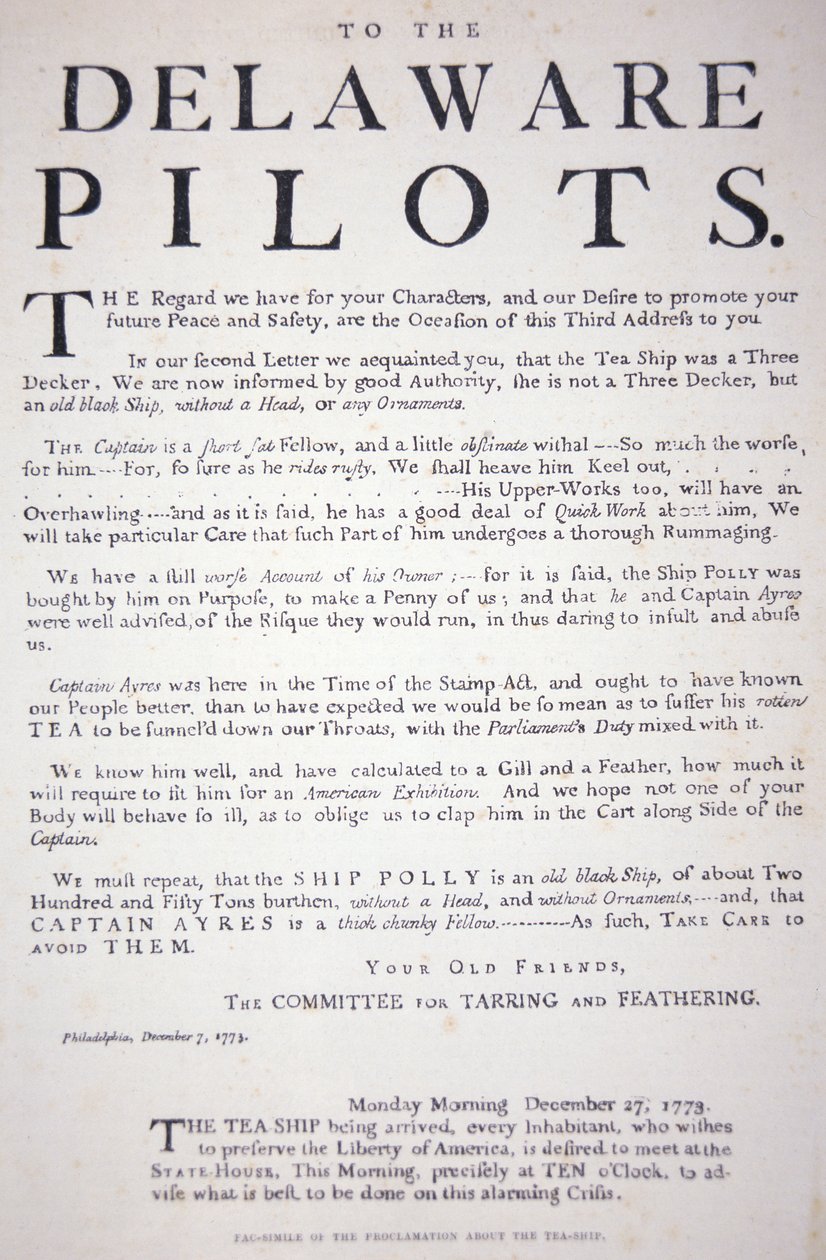 Faksimile af proklamationen fra Philadelphia-patrioterne til Delaware-piloterne, der advarer dem om ikke at handle med det britiske teskib, 7. december 1773 (litho) af School American