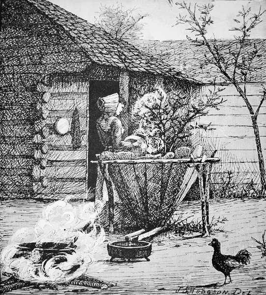 Gårdscene - en kvinde ved et vaskekar, efter en illustration af J. S. Hodgson (litho) af School American