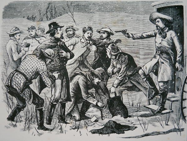 Fire banditter overmander og plyndrer to officerer og syv soldater nær Bismarck, Dakota-territoriet, fra 