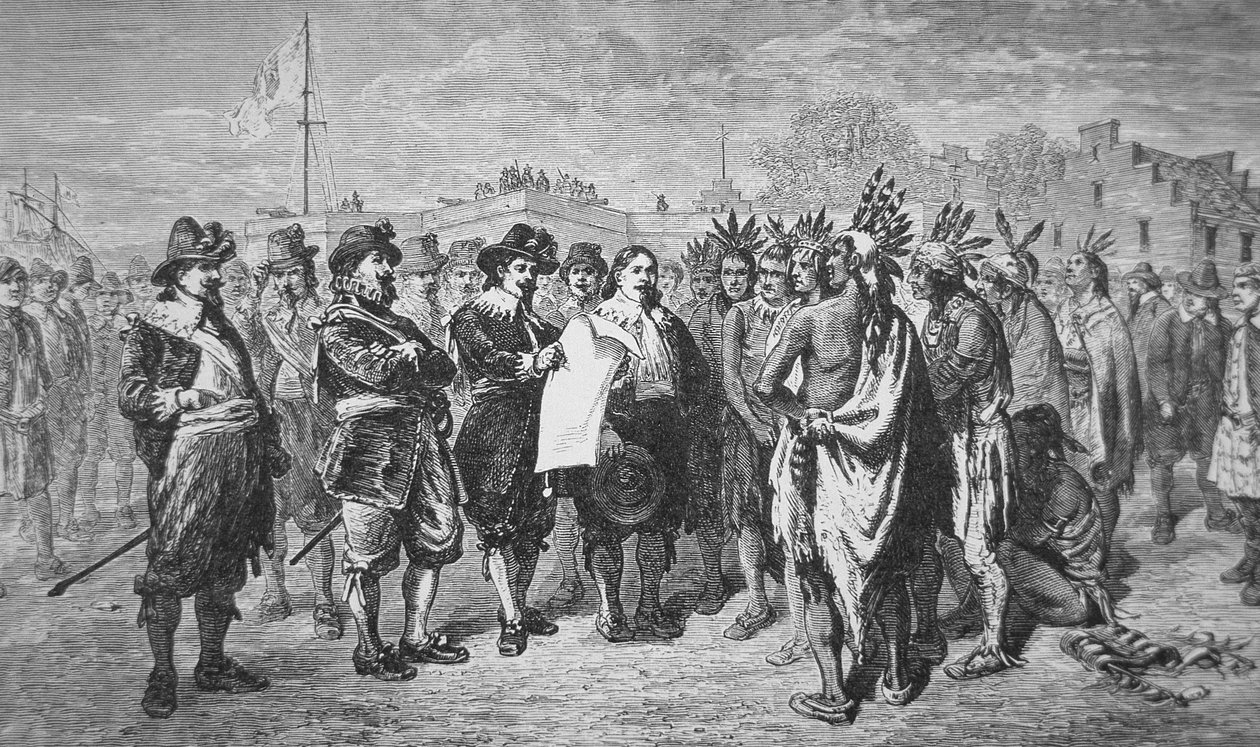 Guvernør Kieft slutter fred med indianerne i 1646 (litho) af School American