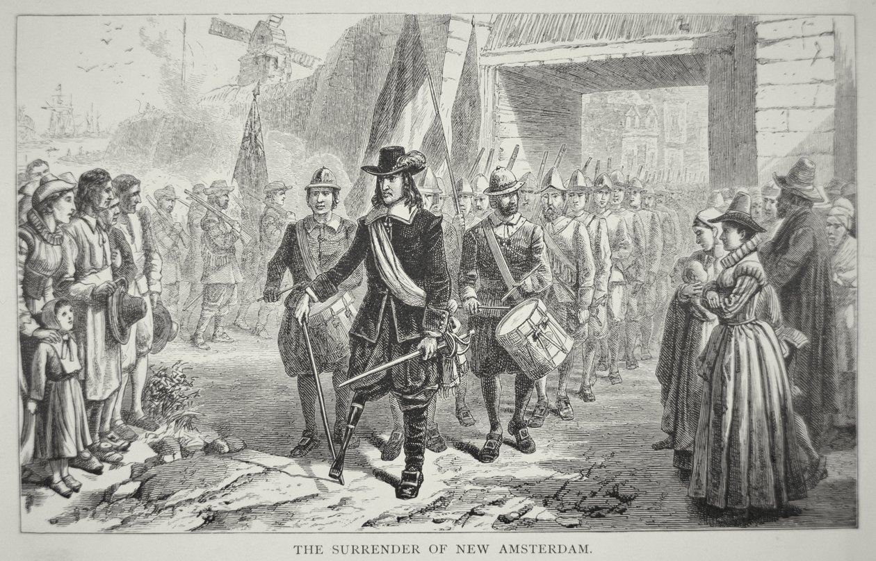 Guvernør Peter Stuyvesant overgiver New Amsterdam til briterne i 1664 (litho) af School American