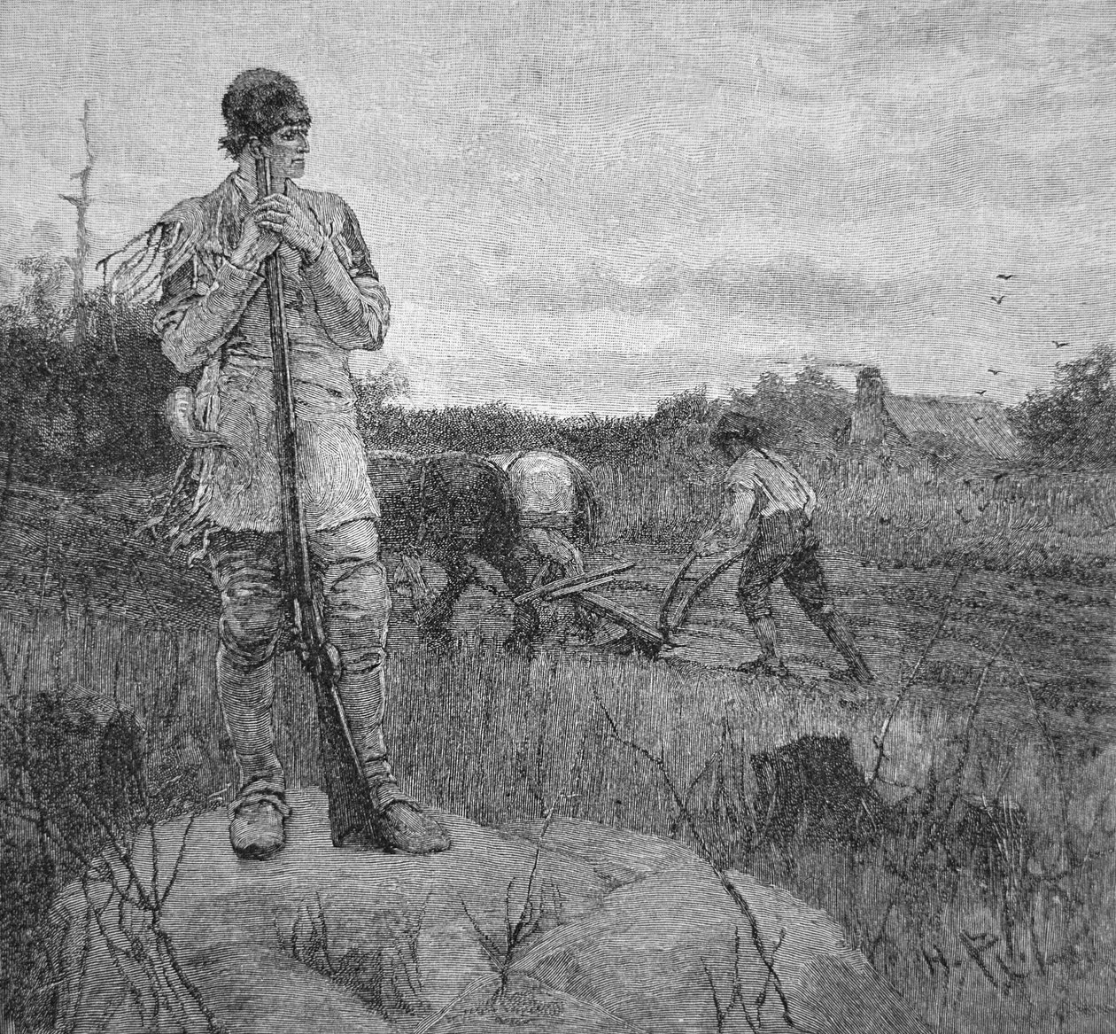 Bevogtning af en gård mod et indisk angreb, efter en illustration af Howard Pyle (litho) af School American