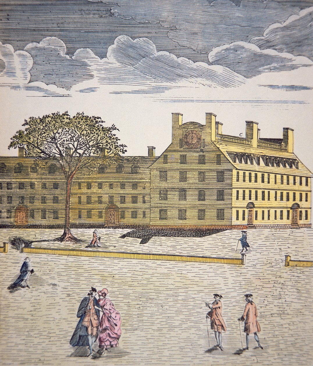 Harvard College, Cambridge, Massachusetts ca. 1740 (farve litho) af School American