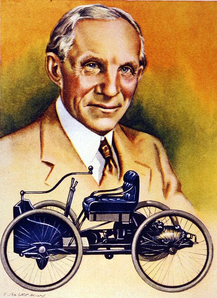 Henry Ford og hans første bil fra 1896 (farve litho) af School American