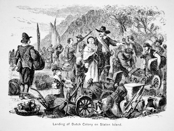 Landgang af hollandske kolonister på Staten Island, New York (litho) af School American