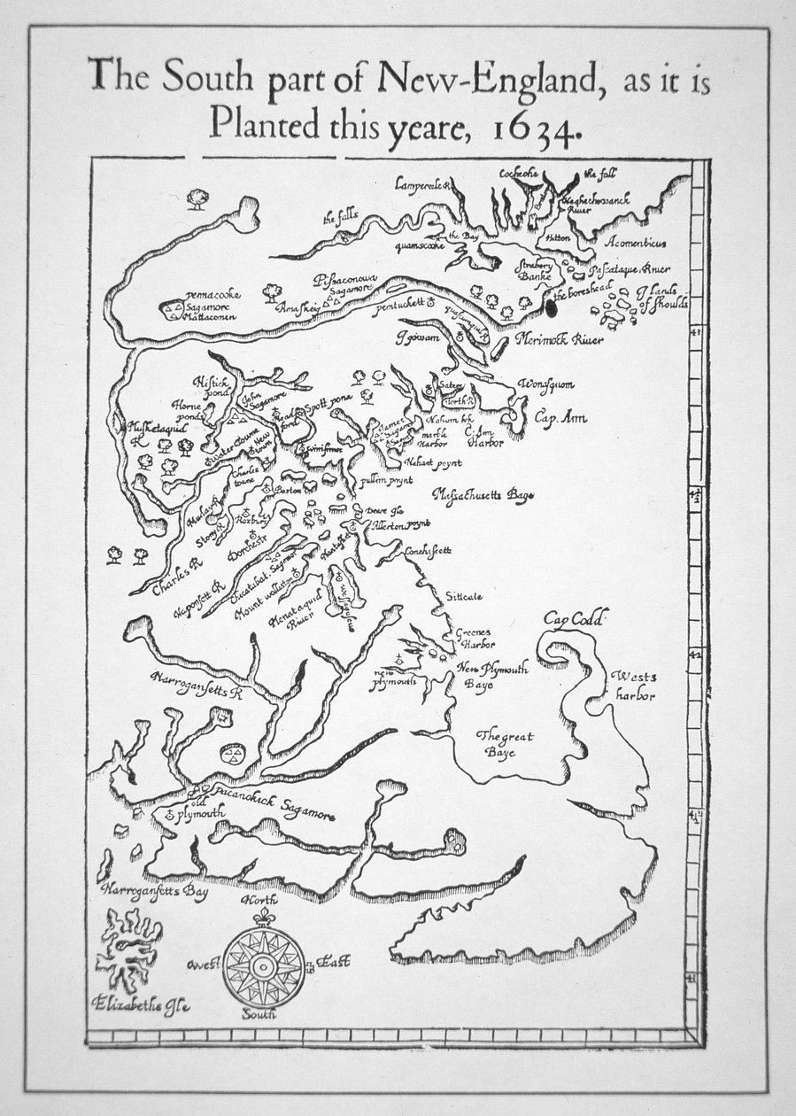 Kort inklusive Massachusetts Bay (litho) af School American