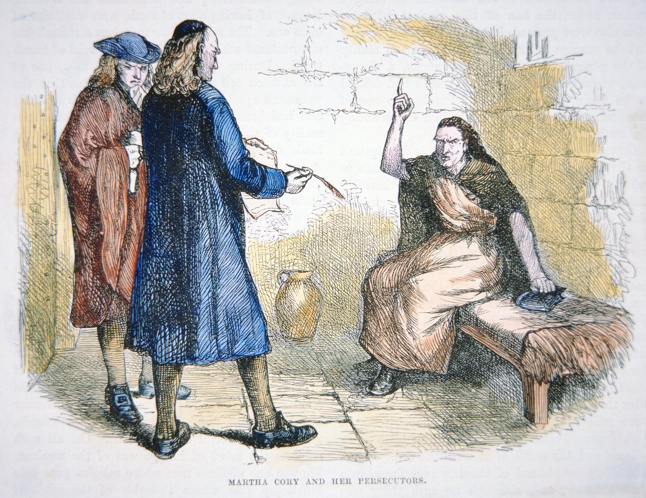 Martha Corey er anklaget for hekseri under Salem-hekseprocesserne i 1692 (farve litho) af School American