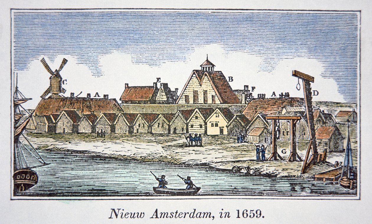 New Amsterdam (senere New York) på Manhattan Island, fra et syn udgivet i 1659 (farve litho) af School American