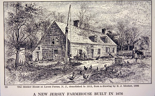New Jersey bondehus bygget i 1676 efter en tegning fra 1886 af E. J. Meeker (litho) af School American