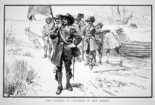 Philip Carteret lander i den tidligere hollandske koloni New Jersey i 1664 (litho) af School American