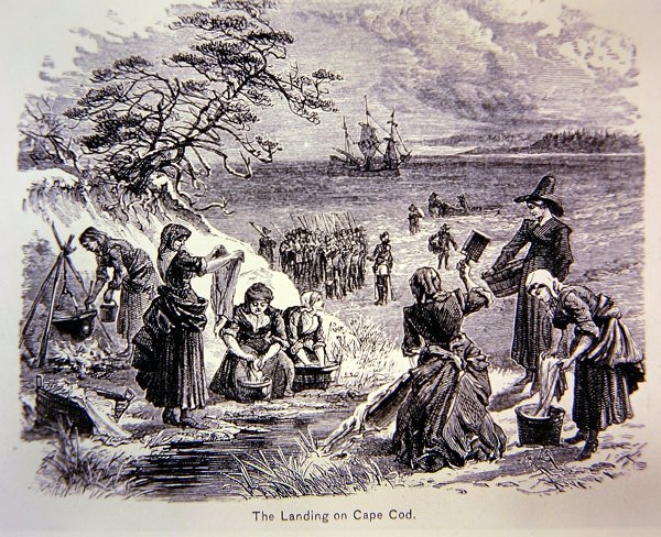 Pilgrim Fathers Land in America i 1620 - Landgangen ved Cape Cod, der viser kvinder på arbejde (litho) af School American