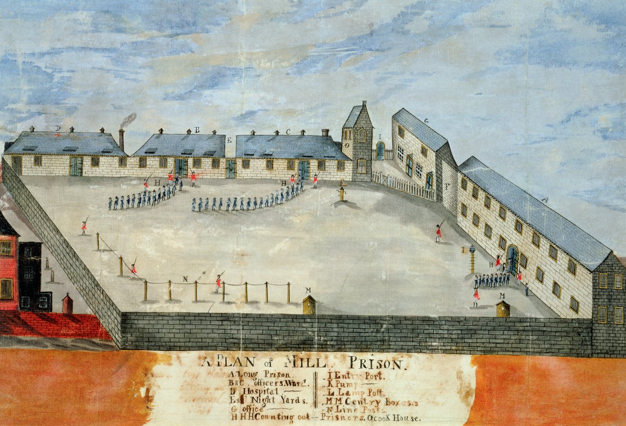 Plan over Mill Prison, slutningen af det 18. eller begyndelsen af det 19. århundrede (akvarel og blæk på papir) af School American