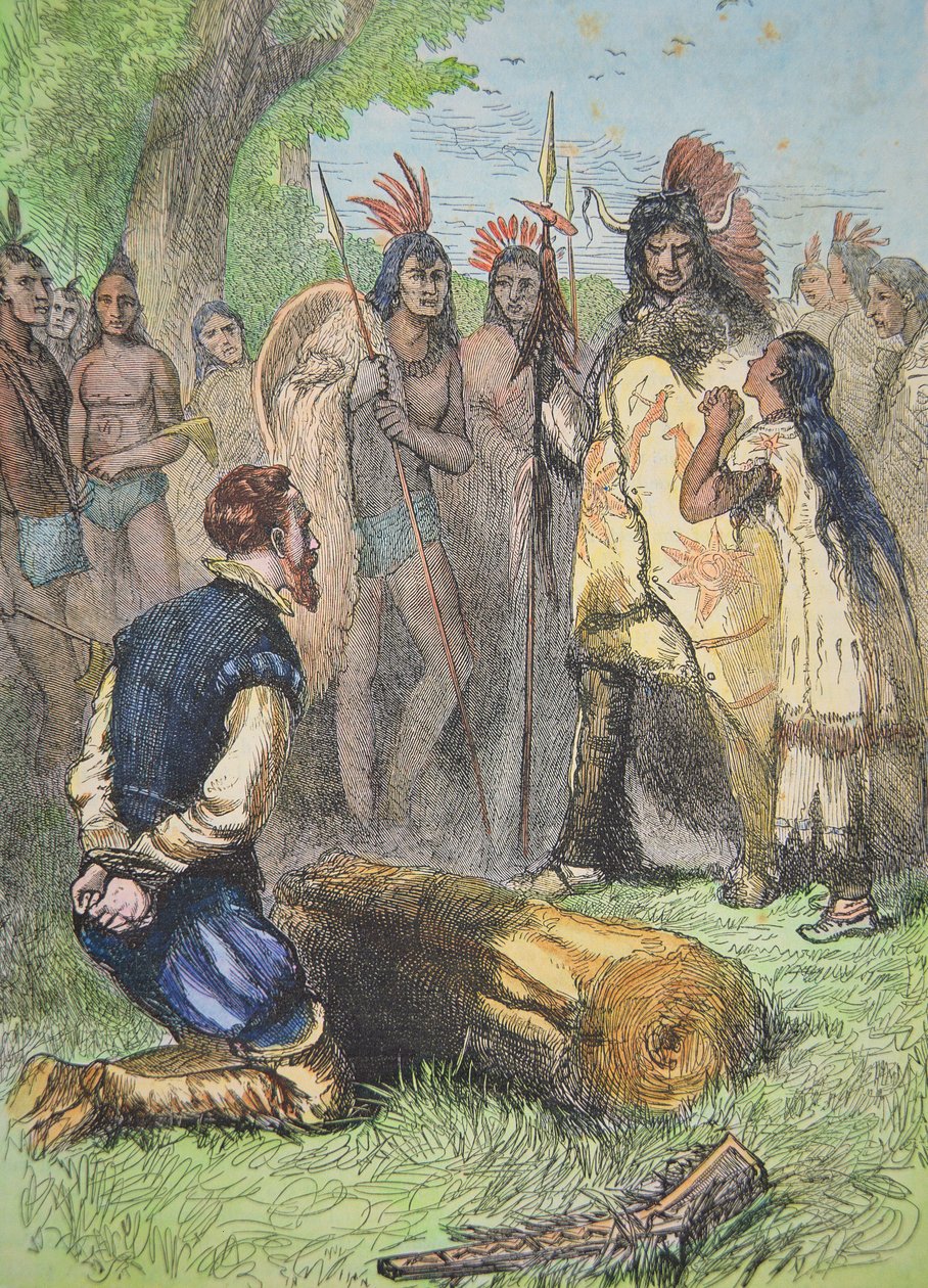 Pocahontas redder John Smiths liv (farvet gravering) af School American