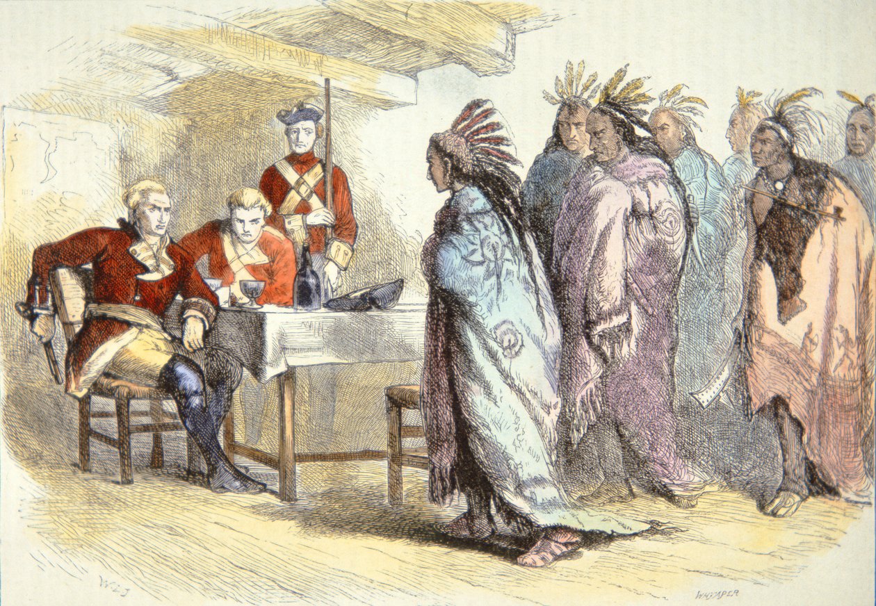 Pontiac besøger major Gladwin i Fort Detroit i 1763 (farve litho) af School American