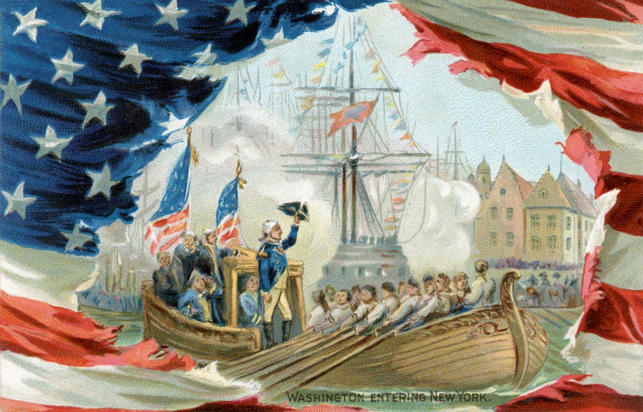 Postkort med George Washington på vej ind i New York (tryk) af School American