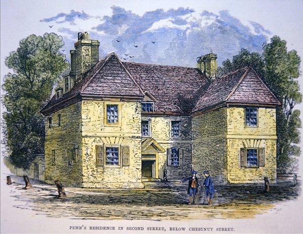 William Penns bopæl i Second Street, nedenfor Chestnut Street, Philadelphia (farve litho) af School American