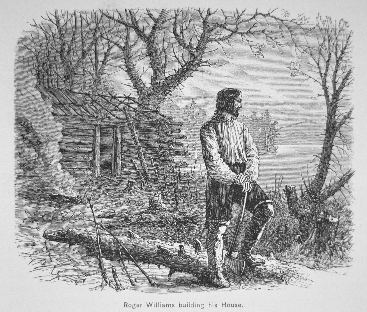 Roger Williams bygger en hytte ved Seekonk-floden (litho) af School American