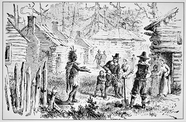 Samoset, chef for Pemaquids besøger pilgrimsfædrene i 1621 (litho) af School American