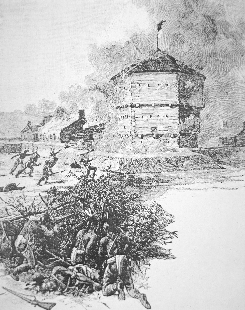 Belejring af Fort Detroit af Pontiac, høvding for Ottawa-stammen i foråret 1763 (litho) af School American