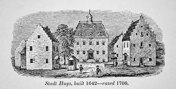 Den hollandske Stadt Huys, New Amsterdam (New York), bygget i 1642 og raseret i 1700 (litho) af School American