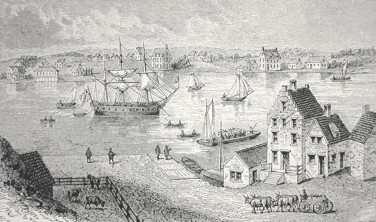 Færgen, New York, ca. 1750 (litho) af School American