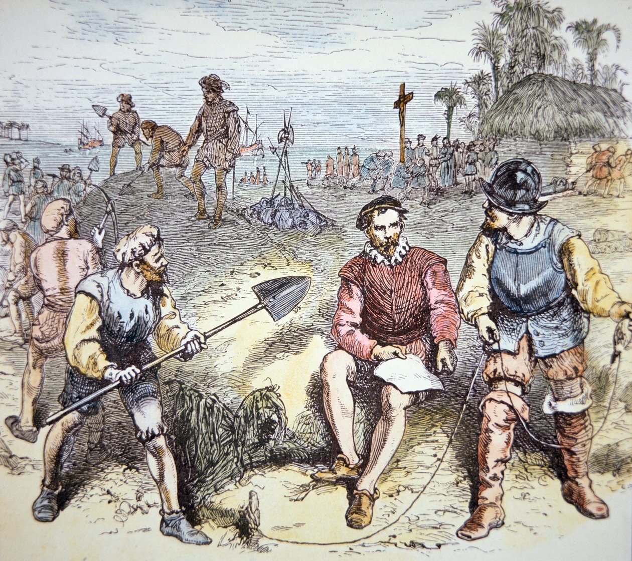 Grundlæggelsen af St. Augustine i Florida af spanierne i 1565 (farve litho) af School American