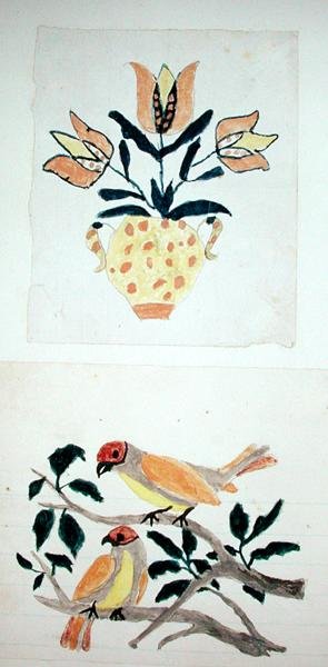 Vase med tulipaner og to fugle i et træ (akvarel på papir) af School American