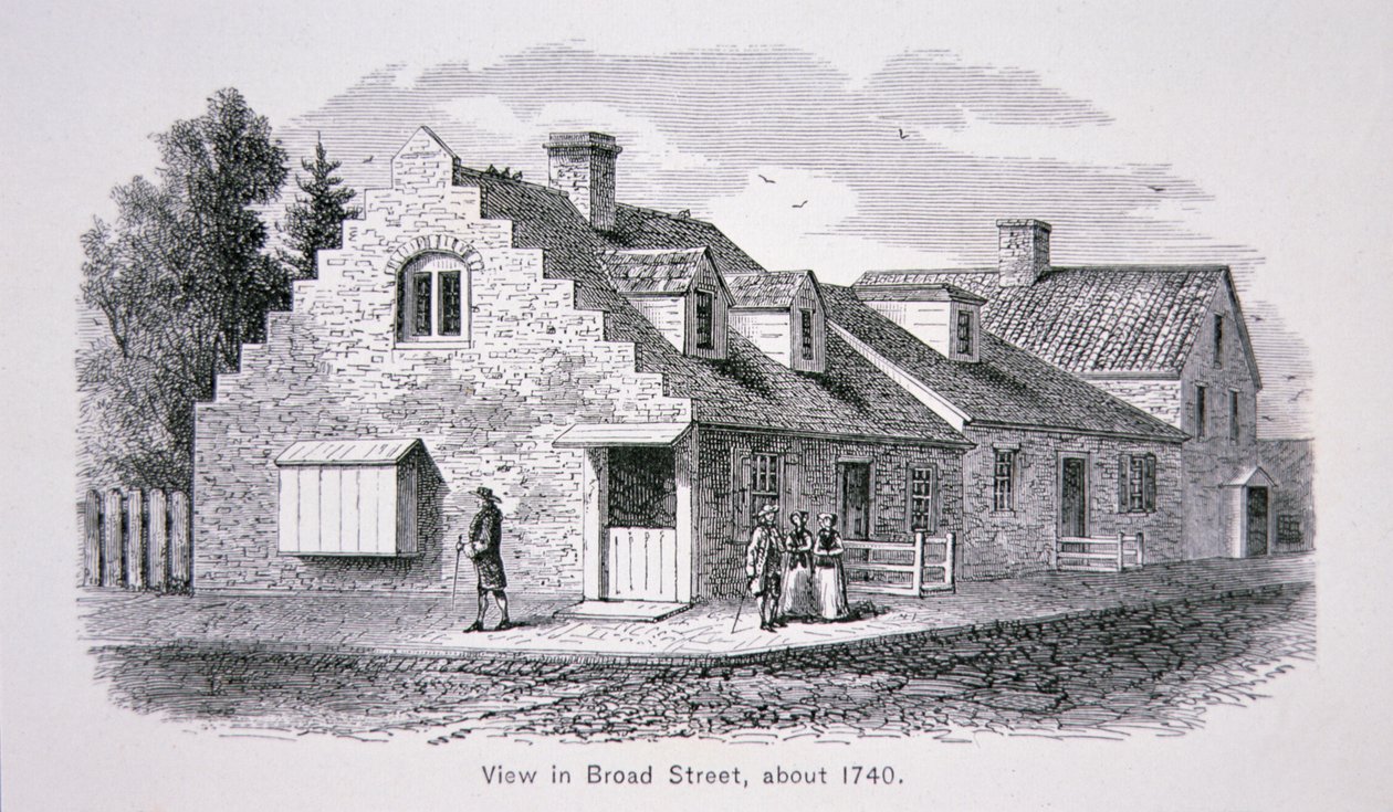 Udsigt over Broad Street, New York City ca.1740 (litografi) af School American