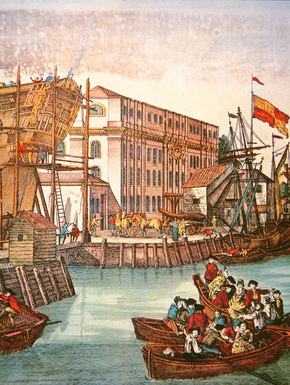 Udsigt over New Yorks havn i midten af det 18. århundrede (farve litho) af School American