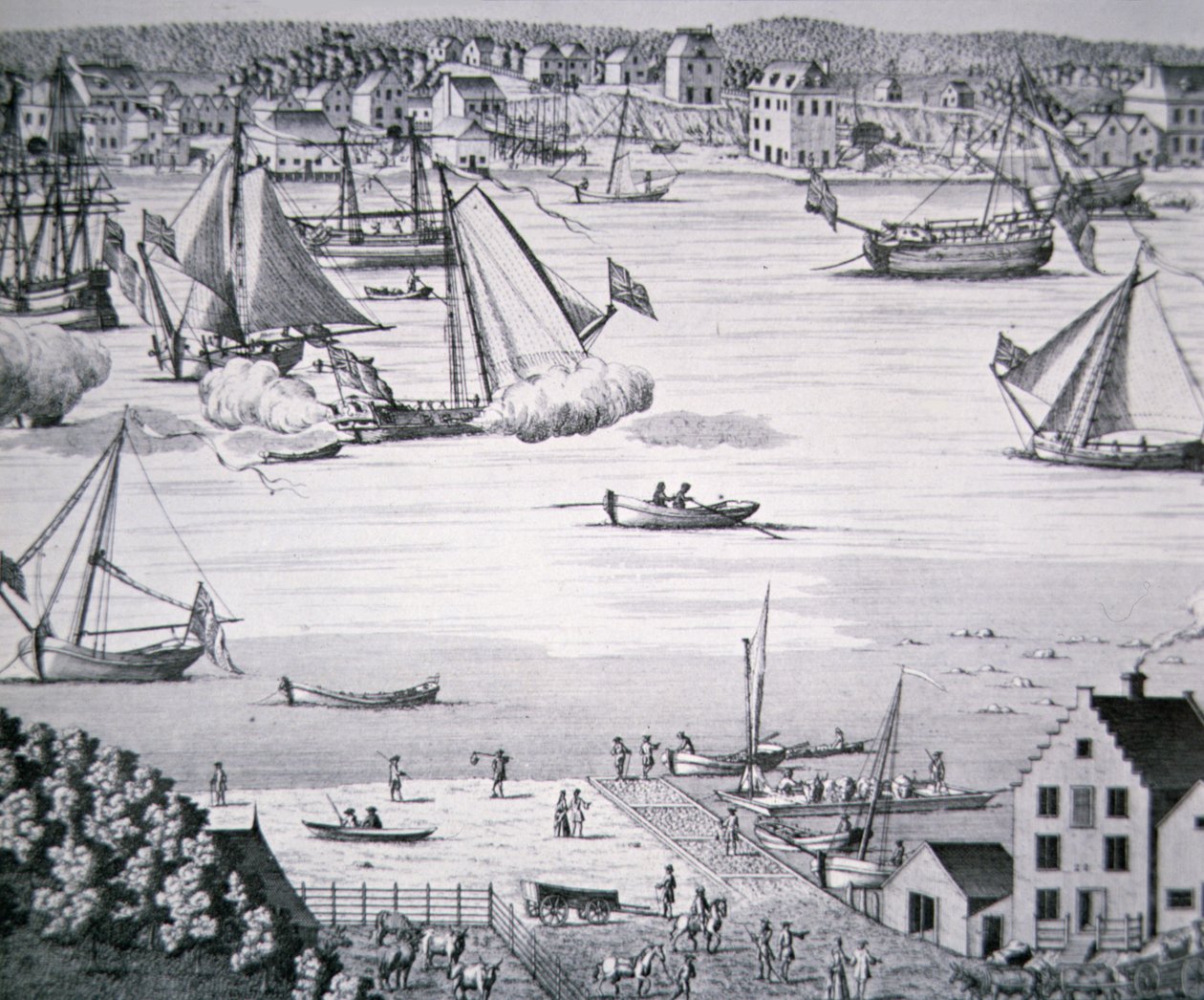 Udsigt over East River, New York ca. 1750 med et skibsbygningscenter (litho) af School American
