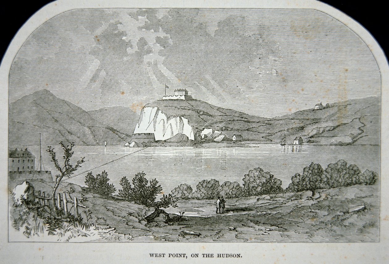 West Point, nøglefortet, som Benedict Arnold planlagde at levere til briterne under uafhængighedskrigen (litho) af School American