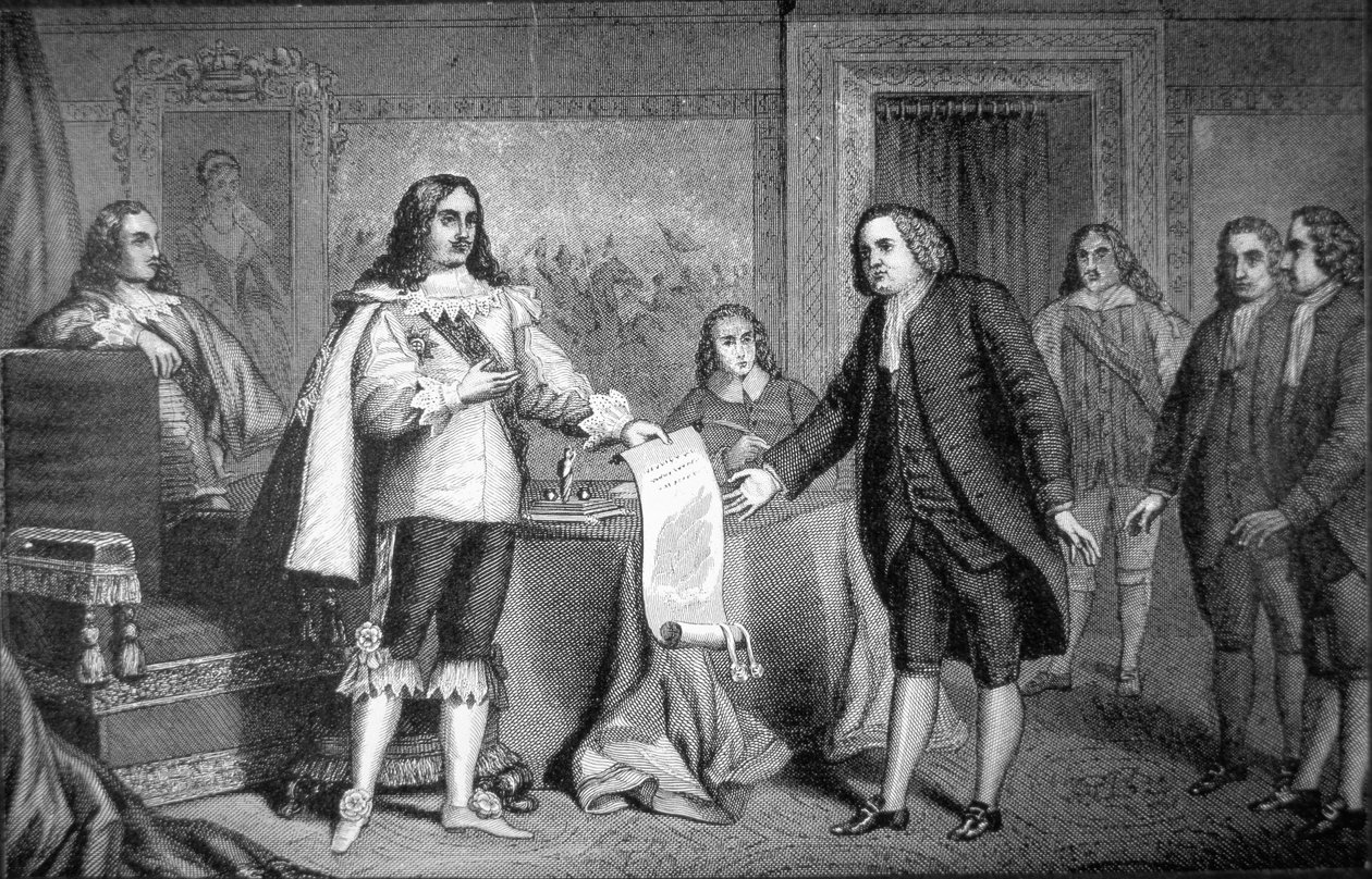 William Penn modtager Charter of Pennsylvania fra Charles II af England i 1681 (litho) af School American