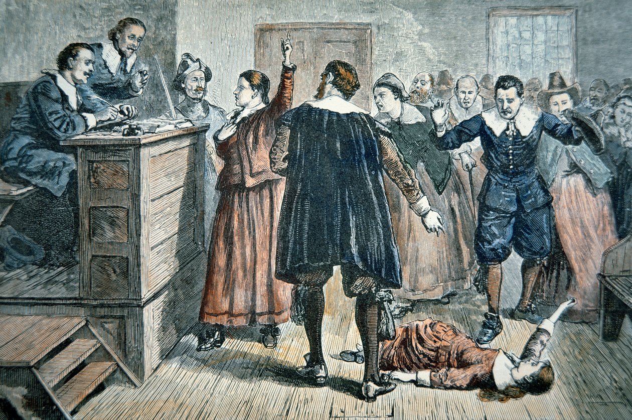 Witches of Salem - en pige forhekset ved en retssag i 1692 (farve litho) af School American