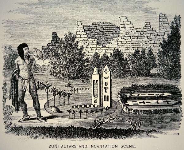 Zuni Tribesman blæser pollen over en Pueblo-helligdom (gravering) af School American