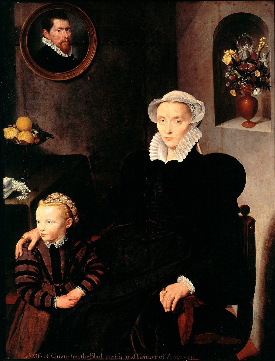 Portræt af smedens og malerens hustru fra Antwerpen Quenston med sit barn Moderen klædt i sort, bærer krave og hovedbeklædning. Maleri af skolen i Antwerpen. 1576 Dim. 136x108 cm Paris, Musée du Louvre af School Antwerp