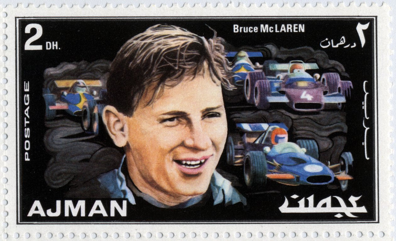 Emirates Arab Units-stempel, der repræsenterer den neozelandesiske bilchauffør Bruce Mclaren (1937-1970) af School Arabic