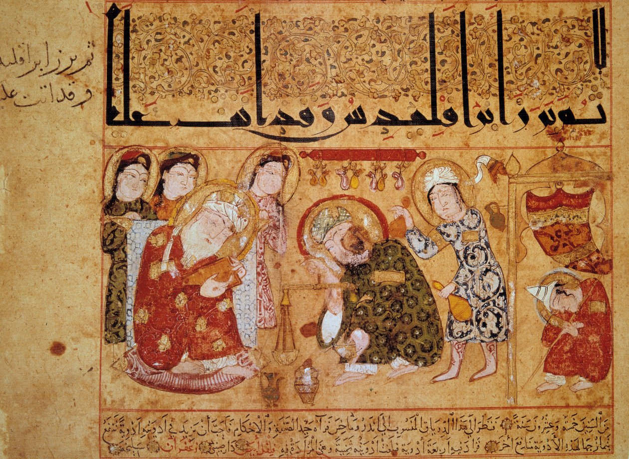Heraclide af Taranto i apoteket. I det 3. århundrede opfandt den græske læge Galien theriade, som tværtimod var den første modgift mod gifte baseret på valmuesaft. Miniature i "" Theriacens bog (Kitab al-Diryaq)"" folio 17. af School Arabic