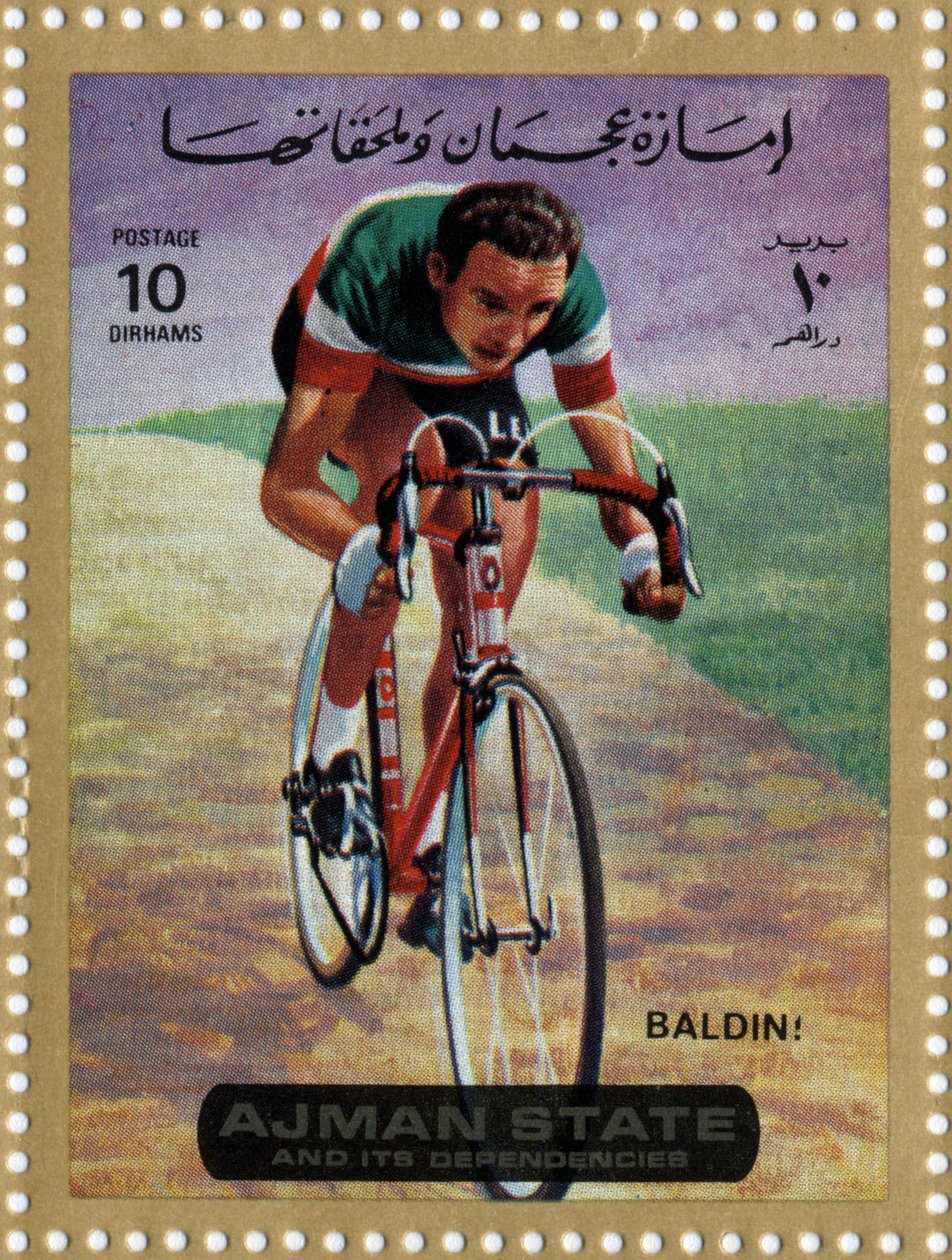 UAE-stempel, der repræsenterer cykelrytteren Ercole Baldini (Ne 1933). af School Arabic