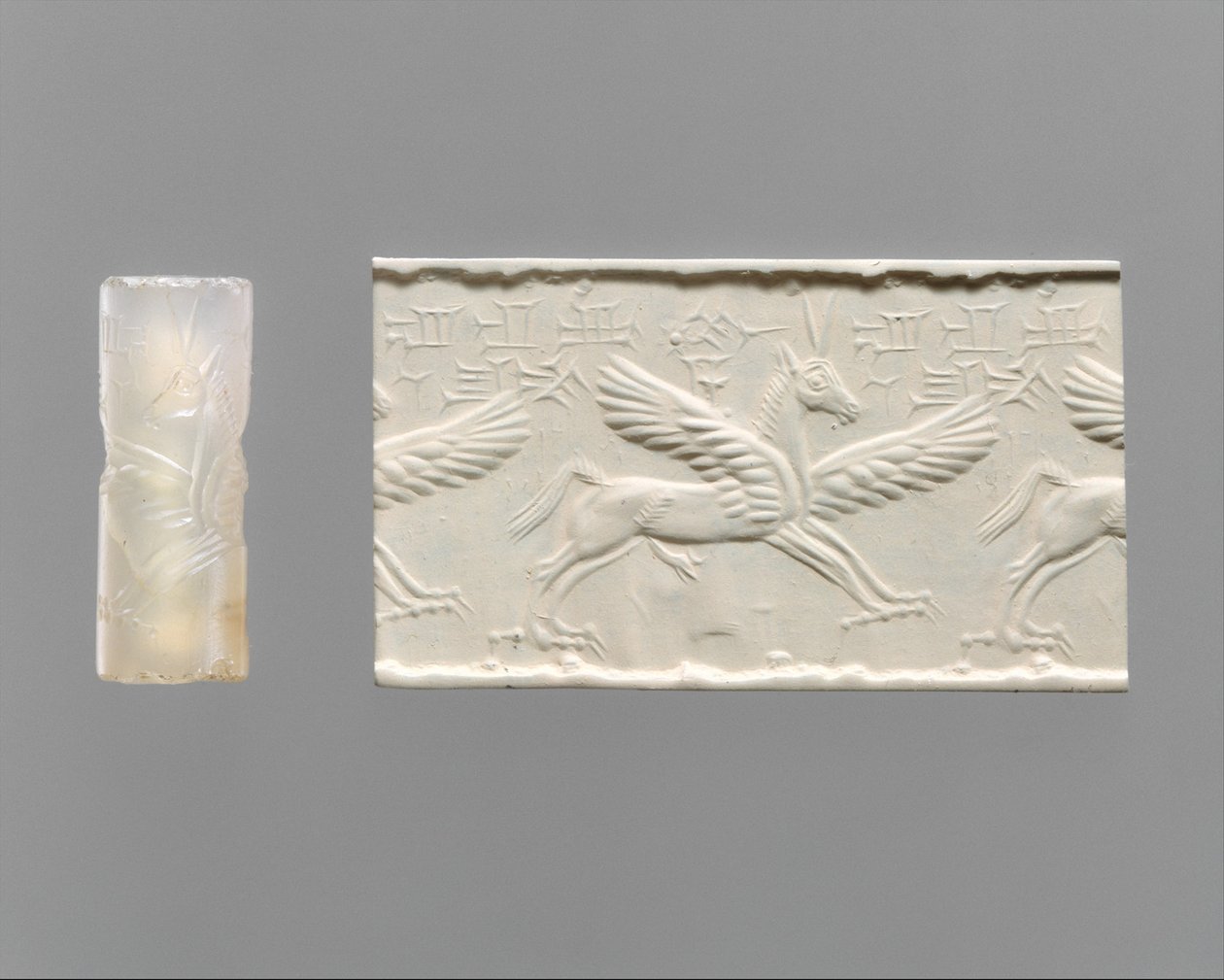 Cylinderforsegling og moderne indtryk: bevinget hest med kløer og horn, ca. 14.–13. århundrede f.Kr. (kalcedon) af School Assyrian