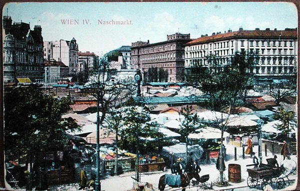 Postkort, der forestiller Naschmarkt (madmarked) i Wien, ca. 1915 (farve litho) af School Austrian