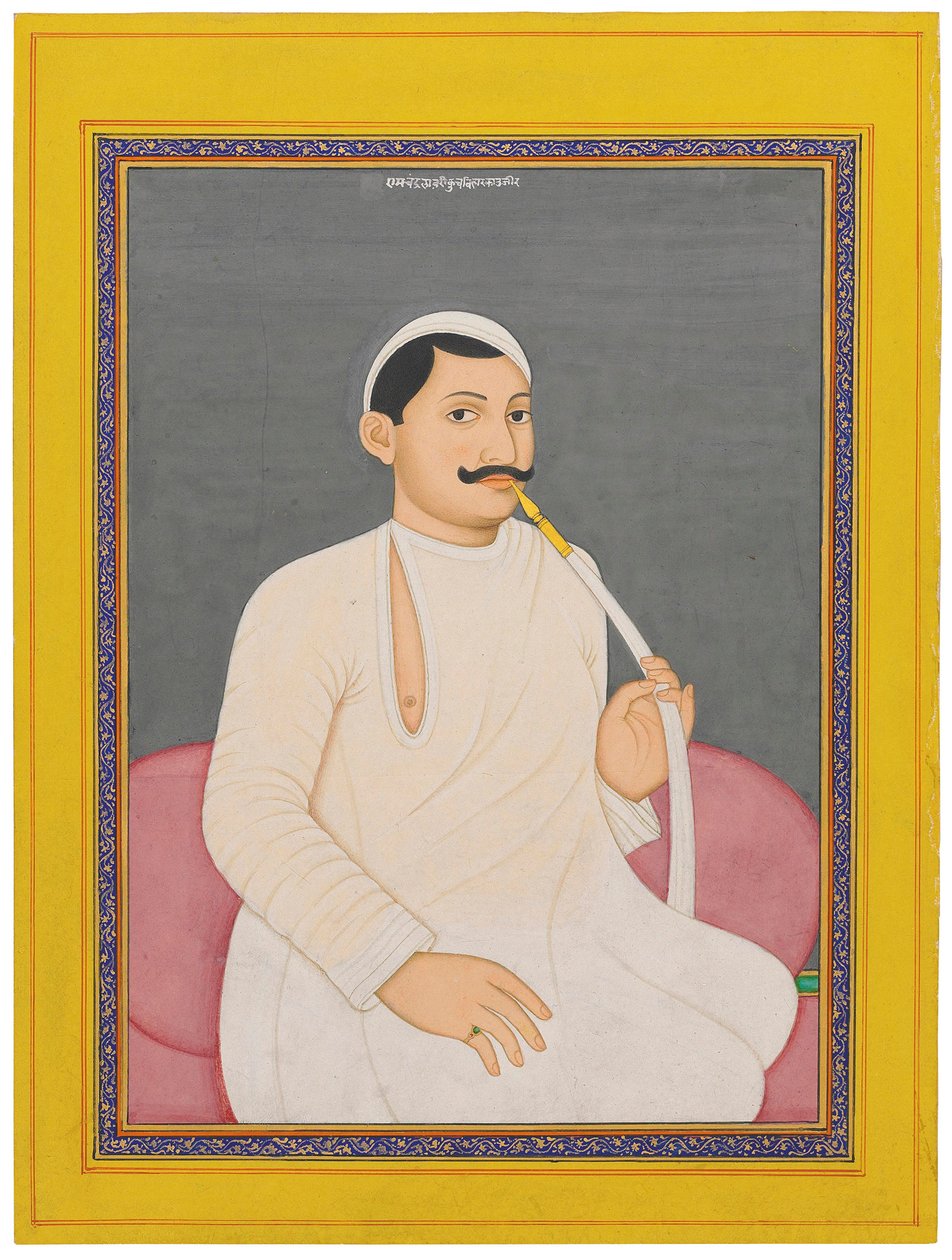 Et siddende portræt af Ram Chandra Lahiri, Dewan af Cooch Bewar (1829 - 1842, ca. 1840 (ugennemsigtige pigmenter forhøjet med guld på papir) af School Bengali